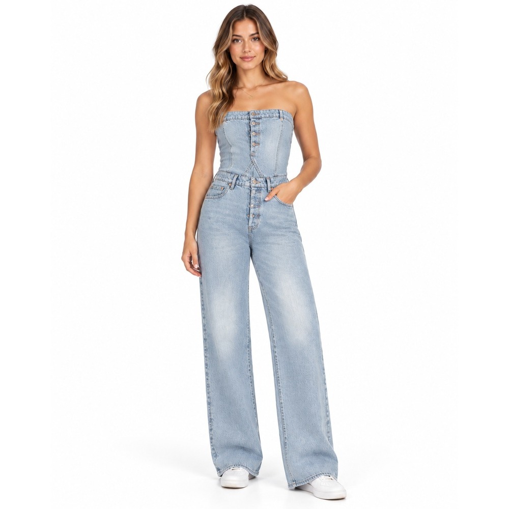Fashion Nova Dakota Denim Jumpsuit Light Wash Wide Leg Cutout Back Size S NWT